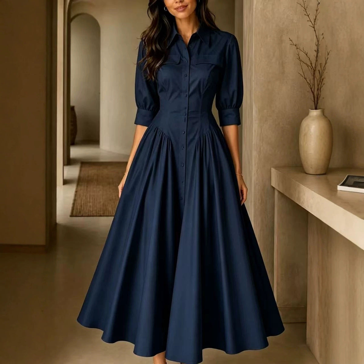 Shirt Dress Women's Midi with Flared Skirt and Puff Sleeves - 1 - Stylewhipped