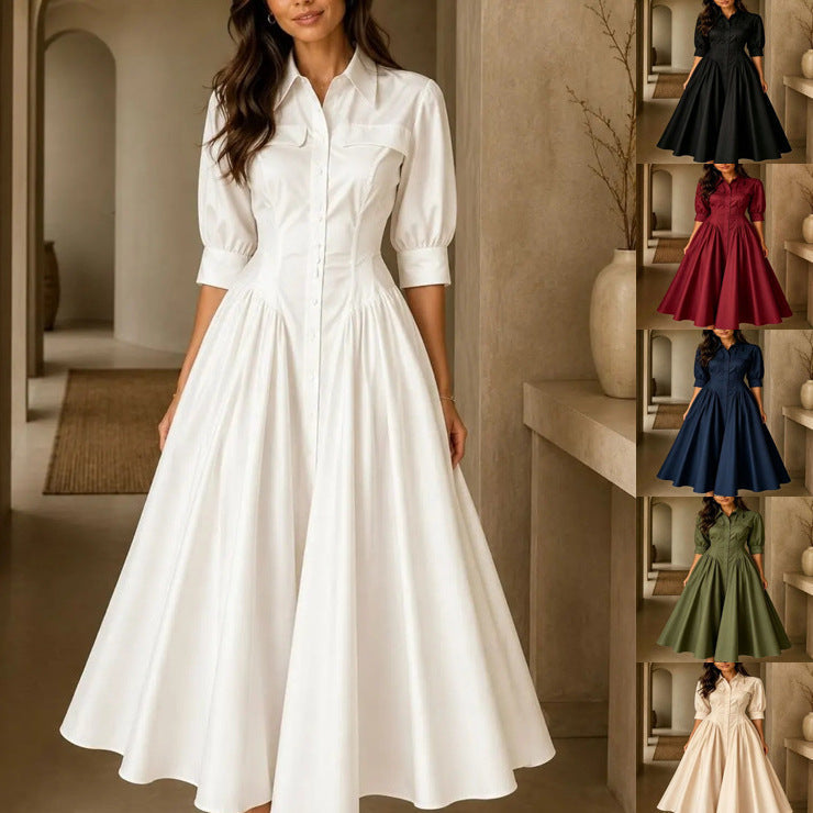 Shirt Dress Women's Midi with Flared Skirt and Puff Sleeves - 2 - Stylewhipped