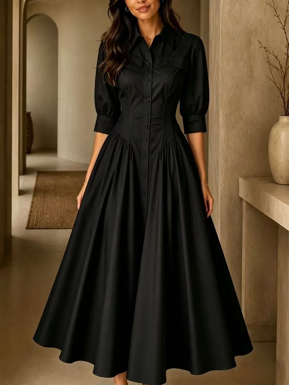 Shirt Dress Women's Midi with Flared Skirt and Puff Sleeves - 3 - Stylewhipped