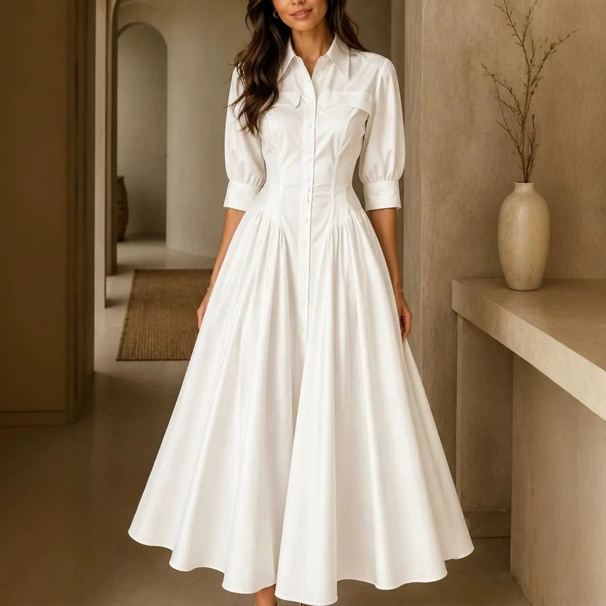 Shirt Dress Women's Midi with Flared Skirt and Puff Sleeves - 4 - Stylewhipped