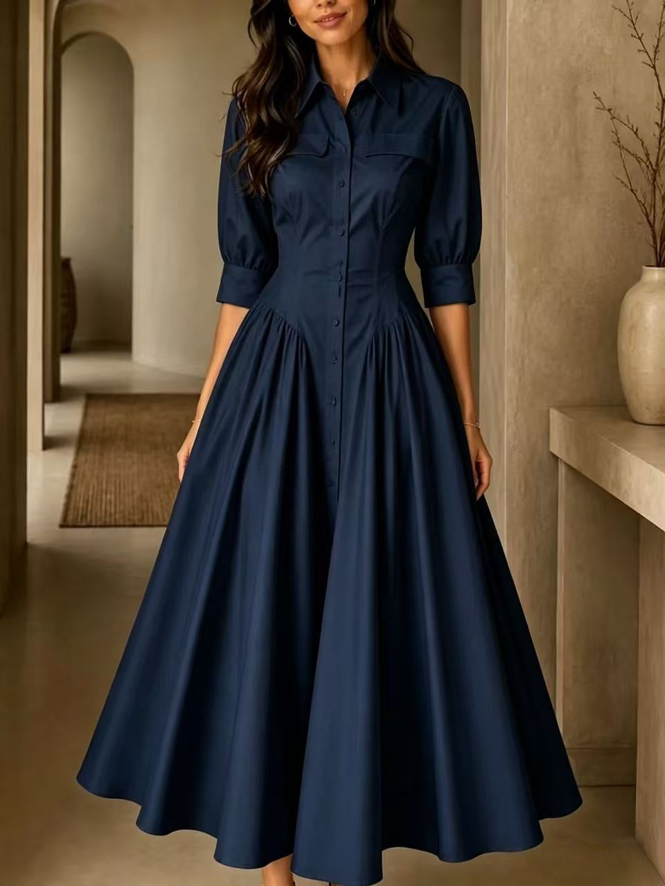 Shirt Dress Women's Midi with Flared Skirt and Puff Sleeves - 5 - Stylewhipped