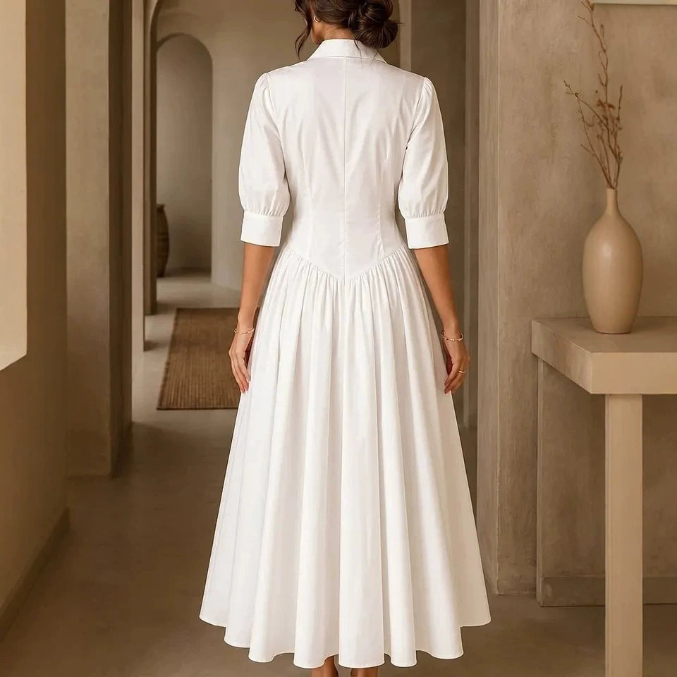 Shirt Dress Women's Midi with Flared Skirt and Puff Sleeves - 6 - Stylewhipped