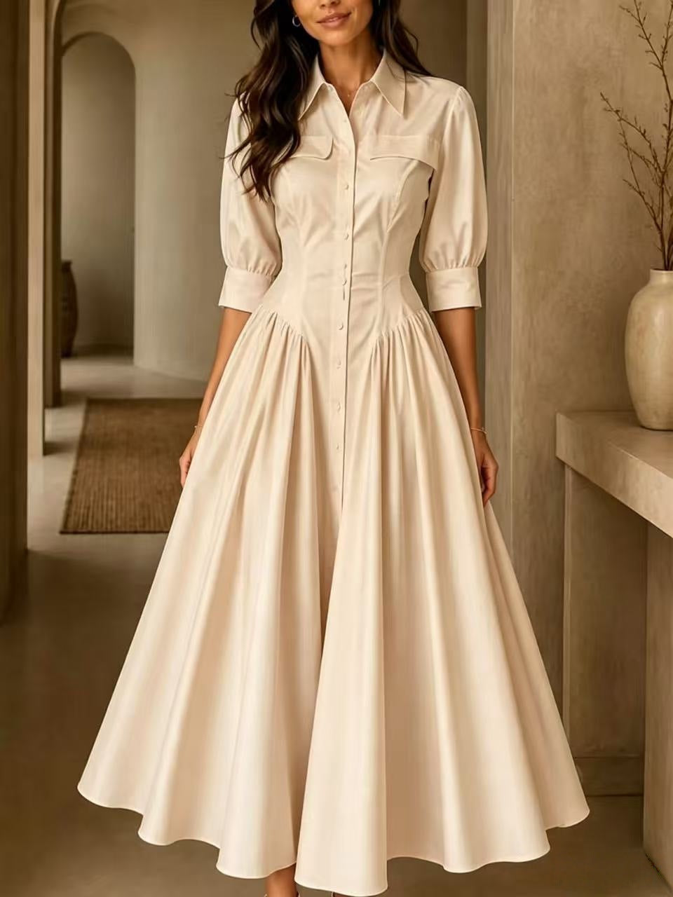 Shirt Dress Women's Midi with Flared Skirt and Puff Sleeves - 7 - Stylewhipped