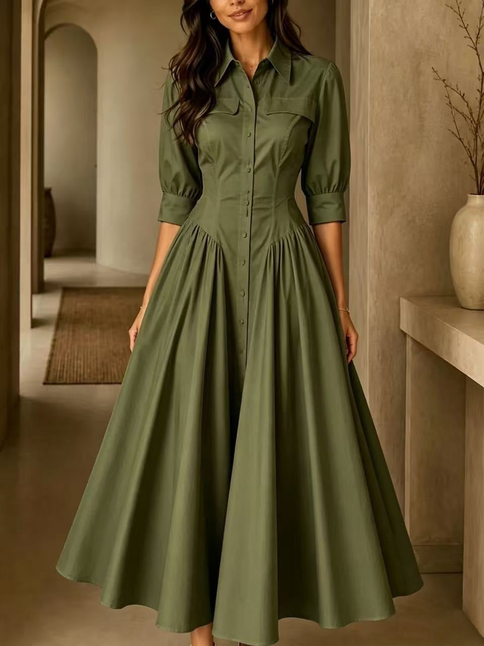 Shirt Dress Women's Midi with Flared Skirt and Puff Sleeves - 8 - Stylewhipped