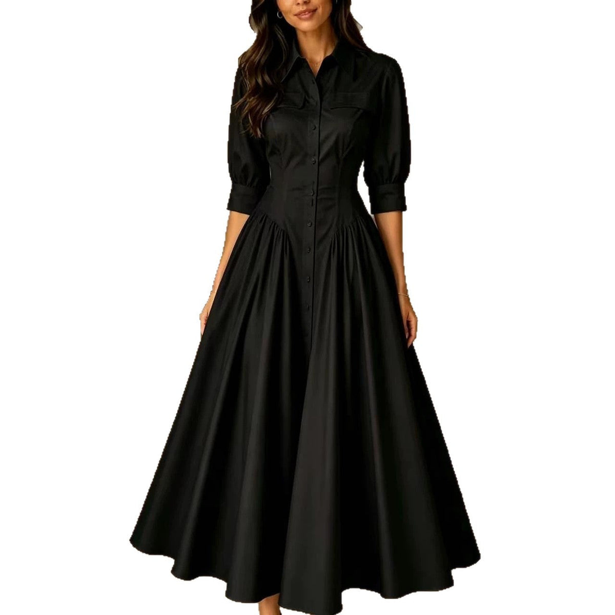 Shirt Dress Women's Midi with Flared Skirt and Puff Sleeves - 9 - Stylewhipped