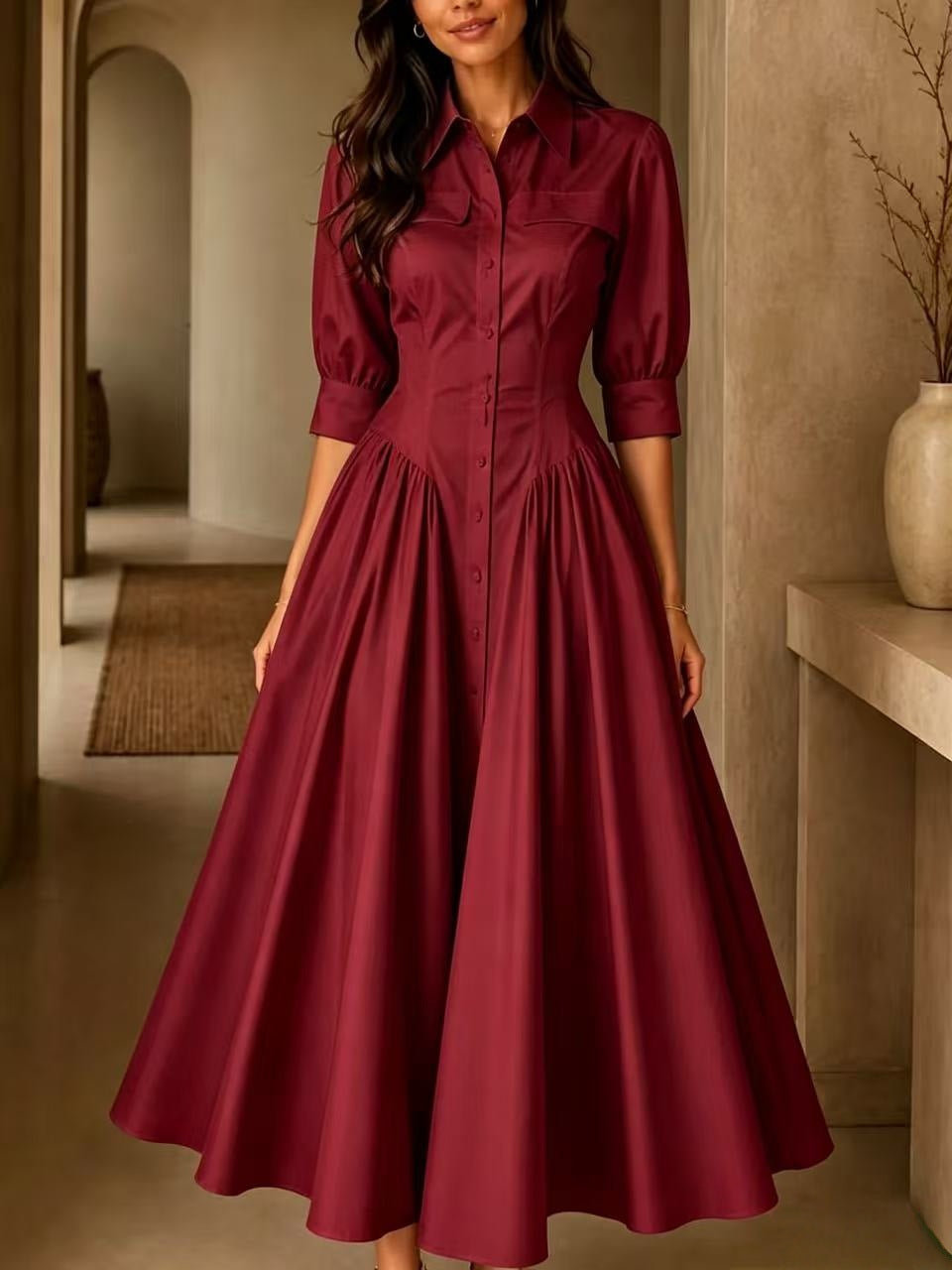 Shirt Dress Women's Midi with Flared Skirt and Puff Sleeves - 10 - Stylewhipped