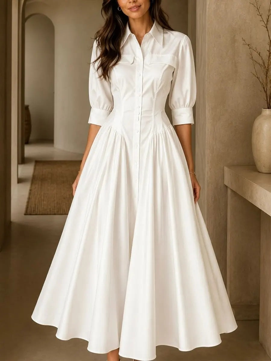 Shirt Dress Women's Midi with Flared Skirt and Puff Sleeves - 11 - Stylewhipped