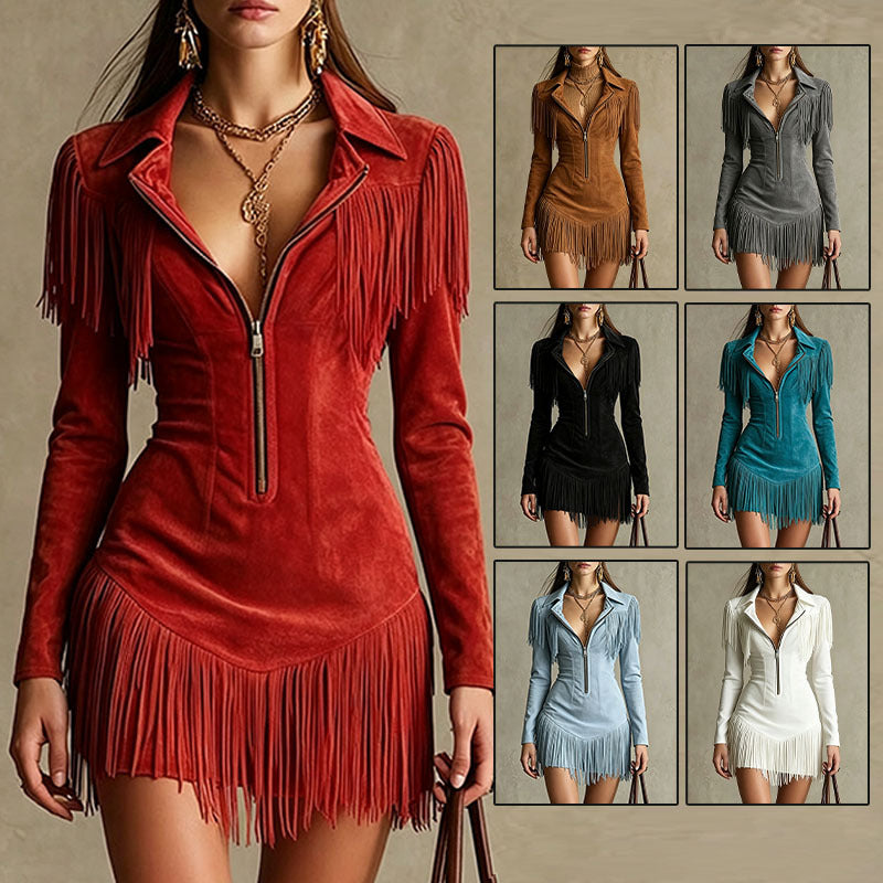 Mini Dress Women with Fringed Detail and V-Neckline - 5 - Stylewhipped