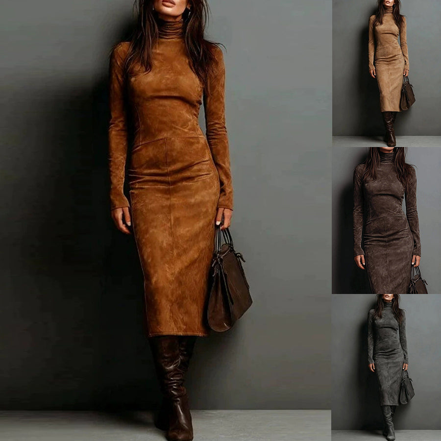 Midi Dress Women Fitted Long Sleeve with Roll Neck - 1 - Stylewhipped