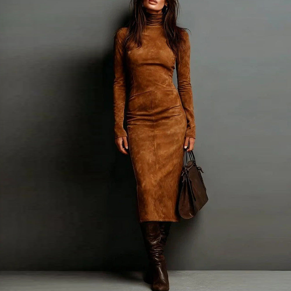 Midi Dress Women Fitted Long Sleeve with Roll Neck - 6 - Stylewhipped