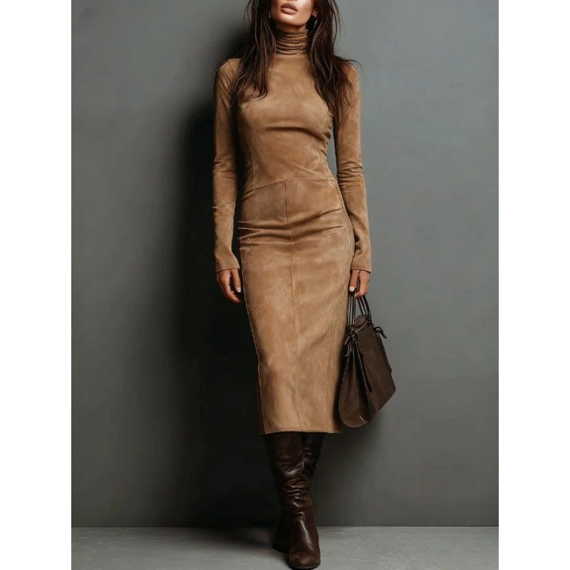 Midi Dress Women Fitted Long Sleeve with Roll Neck - 8 - Stylewhipped