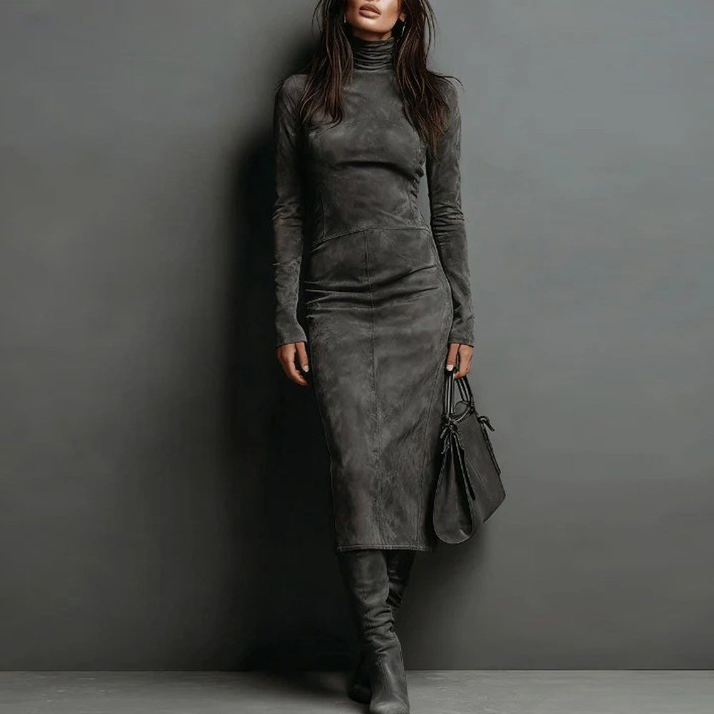 Midi Dress Women Fitted Long Sleeve with Roll Neck - 10 - Stylewhipped