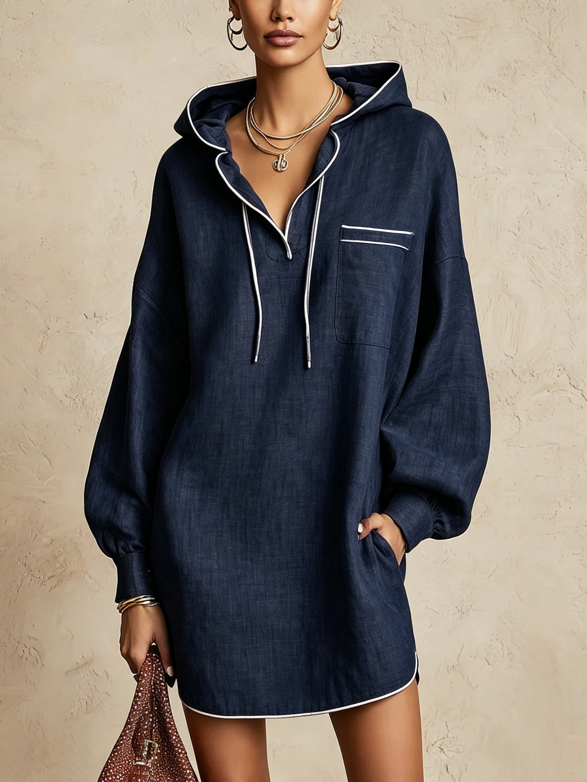 Hooded Shirt Dress Women's Relaxed Fit with Pocket - 2 - Stylewhipped