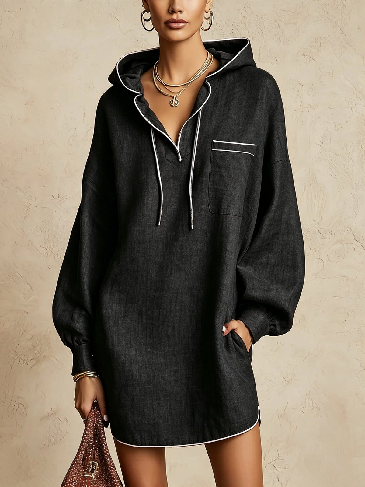 Hooded Shirt Dress Women's Relaxed Fit with Pocket - 3 - Stylewhipped
