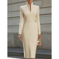Midi Dress Women's Fitted Cut with Stand Collar and Long Sleeves - 1 - Stylewhipped