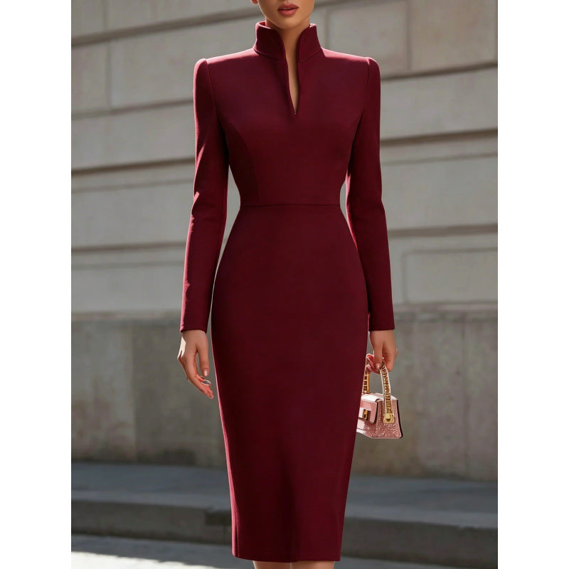 Midi Dress Women's Fitted Cut with Stand Collar and Long Sleeves - 2 - Stylewhipped
