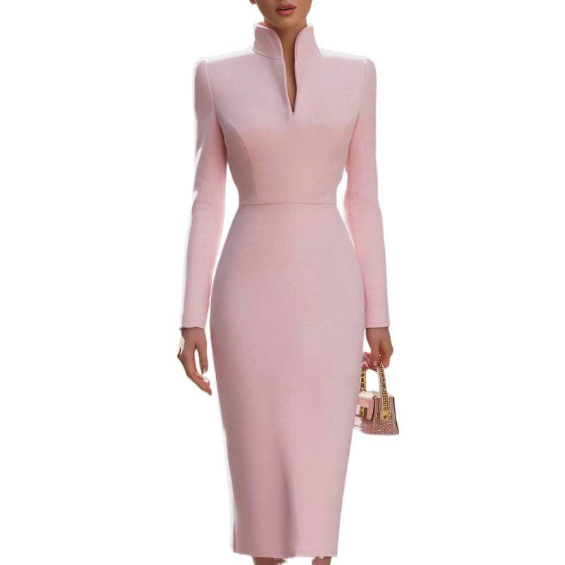 Midi Dress Women's Fitted Cut with Stand Collar and Long Sleeves - 4 - Stylewhipped