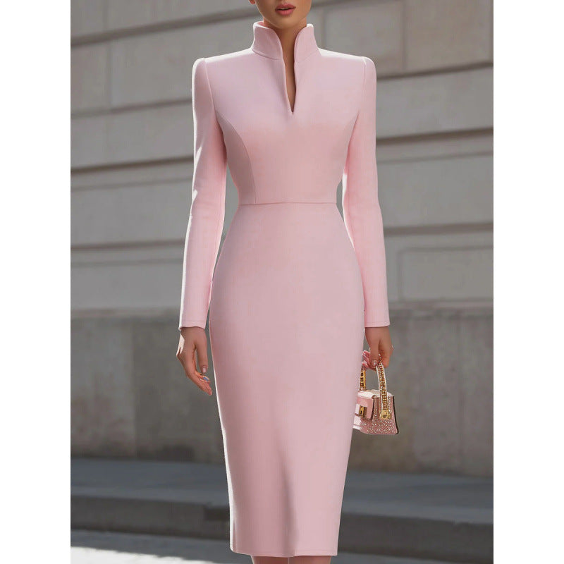 Midi Dress Women's Fitted Cut with Stand Collar and Long Sleeves - 6 - Stylewhipped