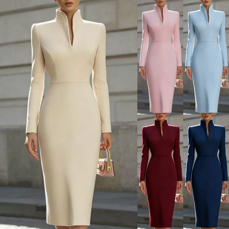 Midi Dress Women's Fitted Cut with Stand Collar and Long Sleeves - 7 - Stylewhipped