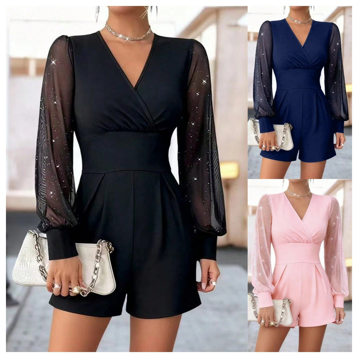 Jumpsuit Women V-Neck with Puff Sleeves and Flattering Fit - 1 - Stylewhipped