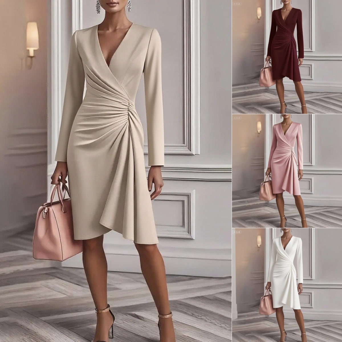 Wrap Dress Women's Midi with V-Neck and Draped Design - 2 - Stylewhipped