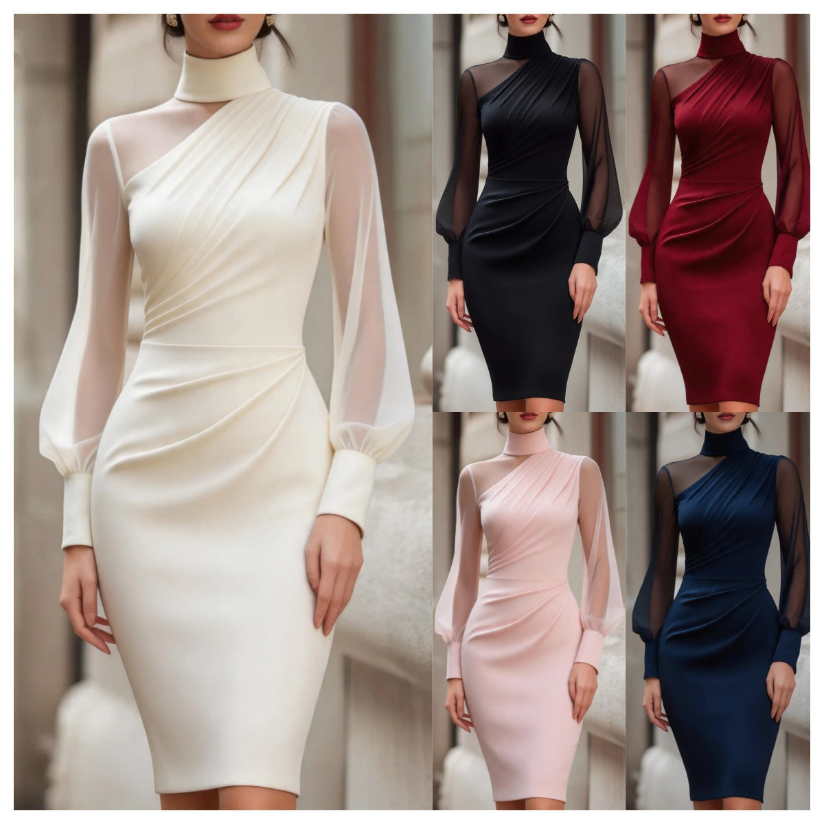 Elegant Women's Midi Dress with Puff Sleeves and Wrap Design - 12 - Stylewhipped