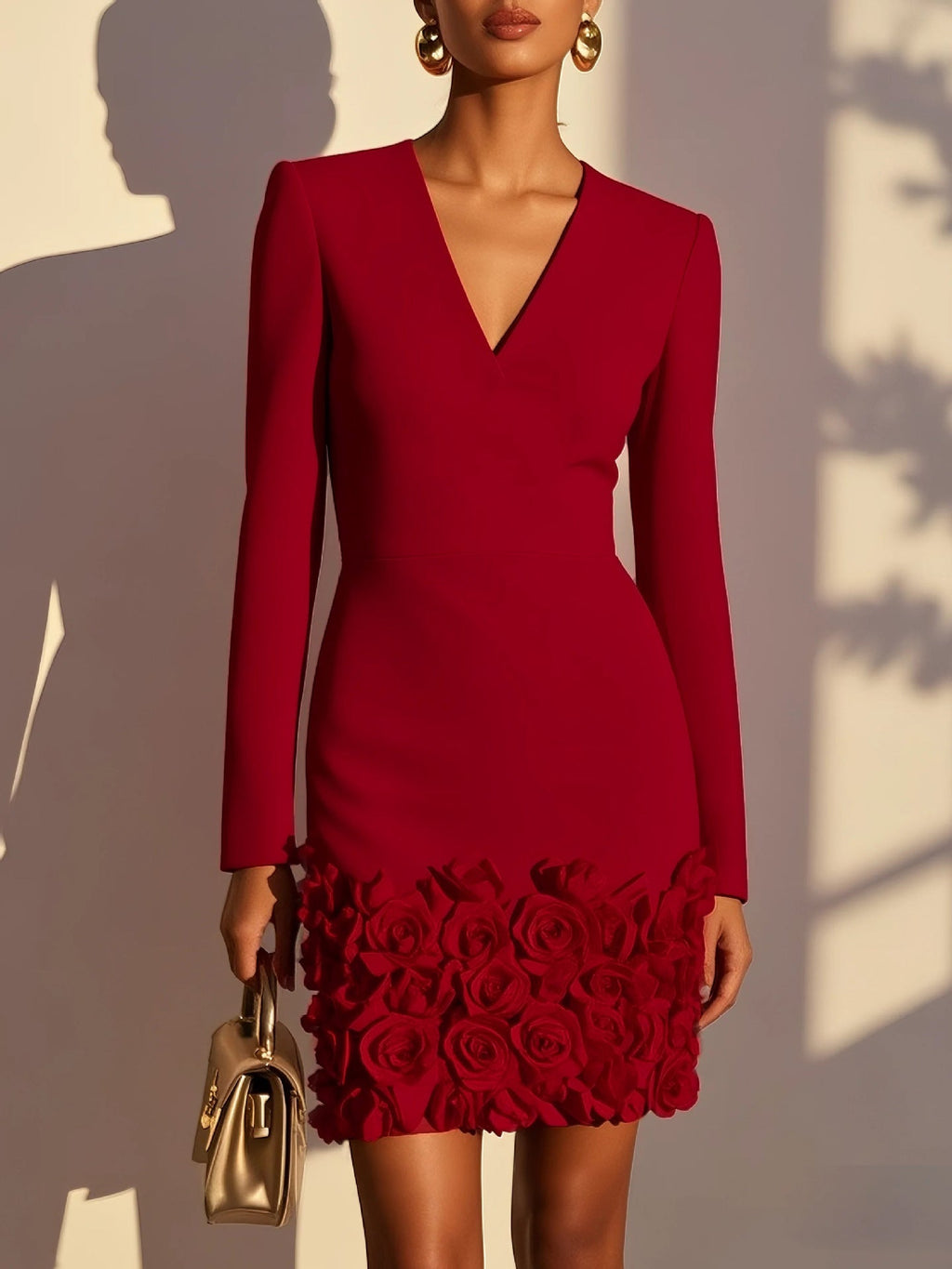 V-Neck Women's Mini Dress with Floral Detail - 8 - Stylewhipped