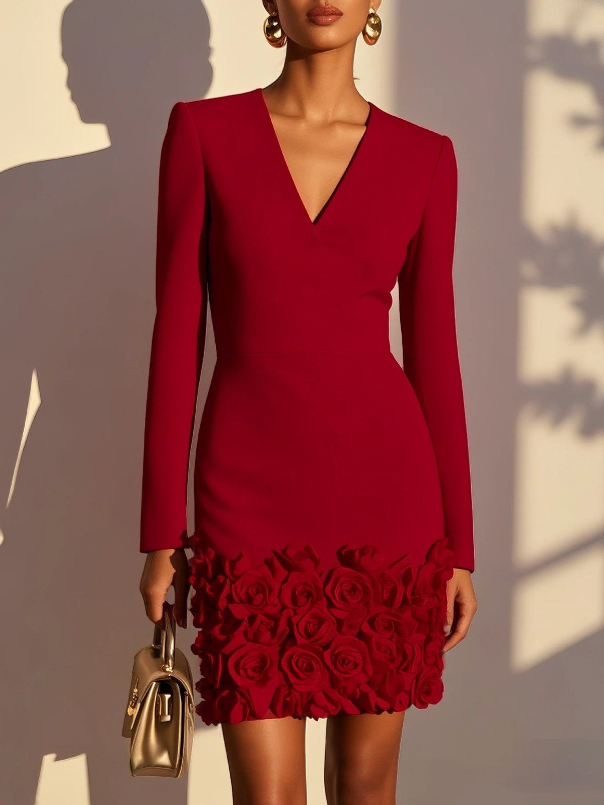 V-Neck Women's Mini Dress with Floral Detail - 8 - Stylewhipped