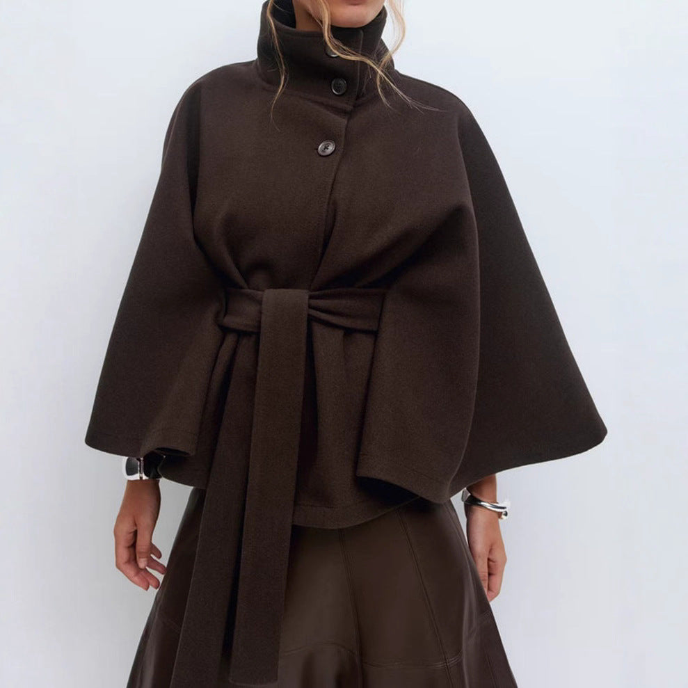 Women's Cape Jacket with High Collar and Tie Waist - 1 - Stylewhipped