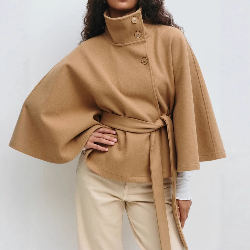 Women's Cape Jacket with High Collar and Tie Waist - 2 - Stylewhipped