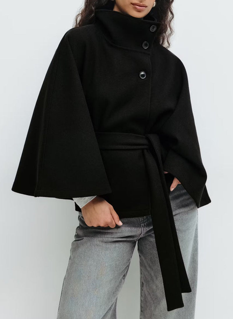 Women's Cape Jacket with High Collar and Tie Waist - 3 - Stylewhipped