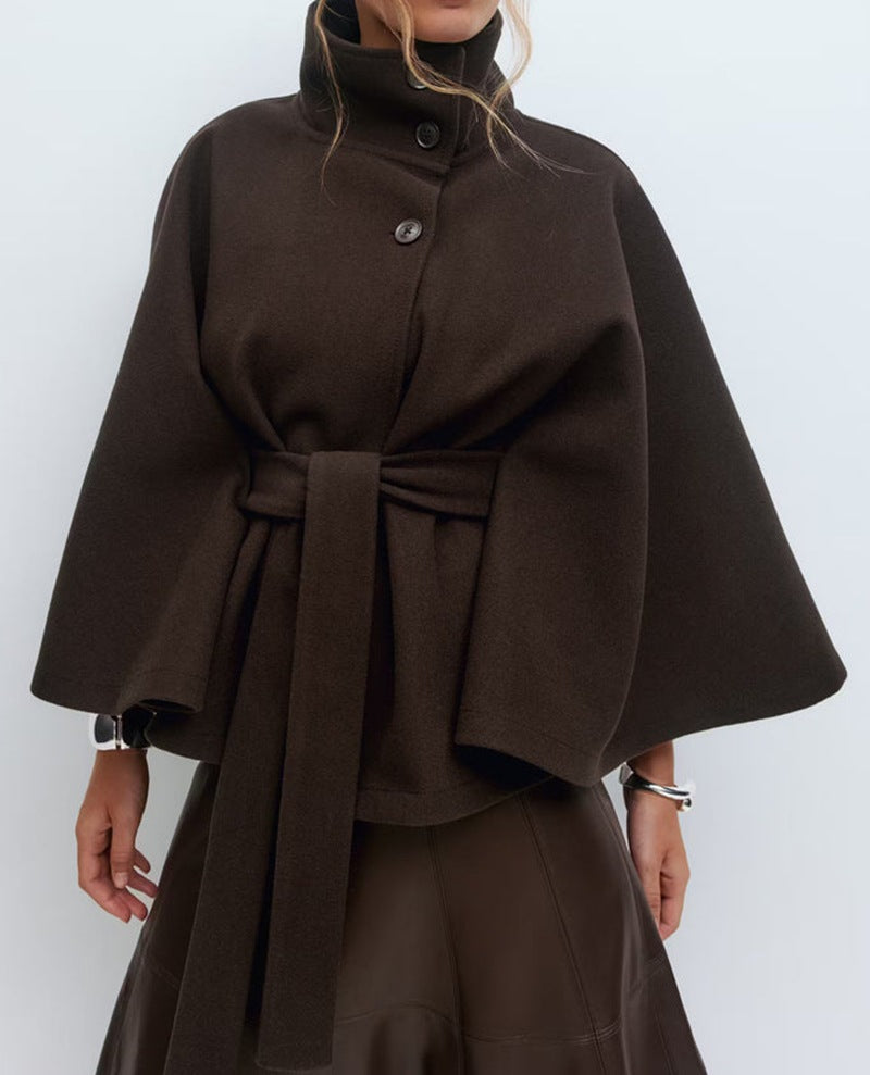 Women's Cape Jacket with High Collar and Tie Waist - 4 - Stylewhipped