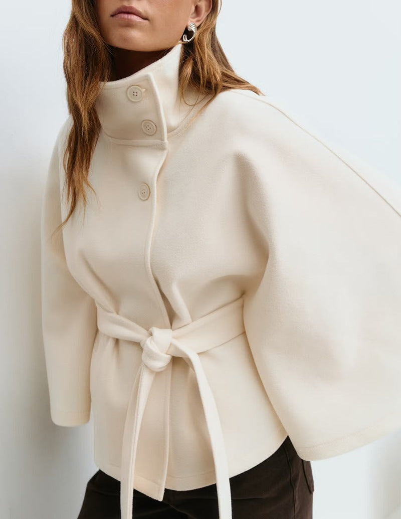 Women's Cape Jacket with High Collar and Tie Waist - 5 - Stylewhipped