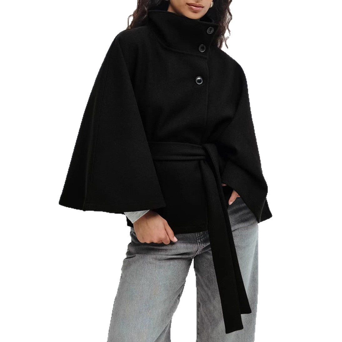 Women's Cape Jacket with High Collar and Tie Waist - 6 - Stylewhipped