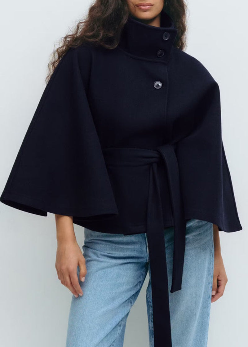 Women's Cape Jacket with High Collar and Tie Waist - 7 - Stylewhipped