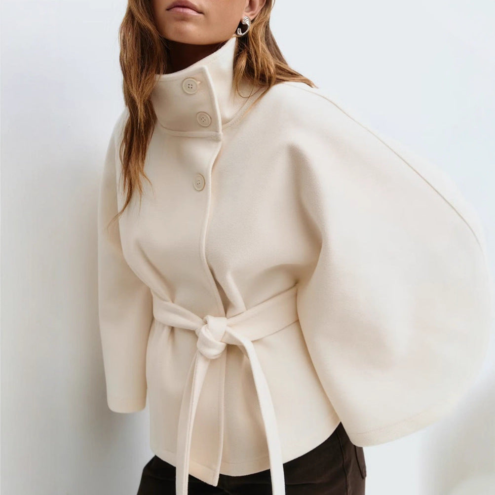 Women's Cape Jacket with High Collar and Tie Waist - 8 - Stylewhipped