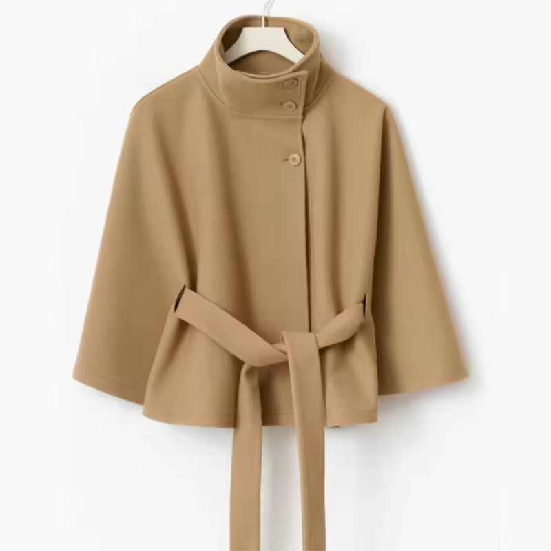 Women's Cape Jacket with High Collar and Tie Waist - 9 - Stylewhipped