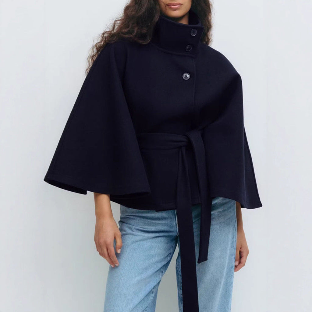 Women's Cape Jacket with High Collar and Tie Waist - 10 - Stylewhipped
