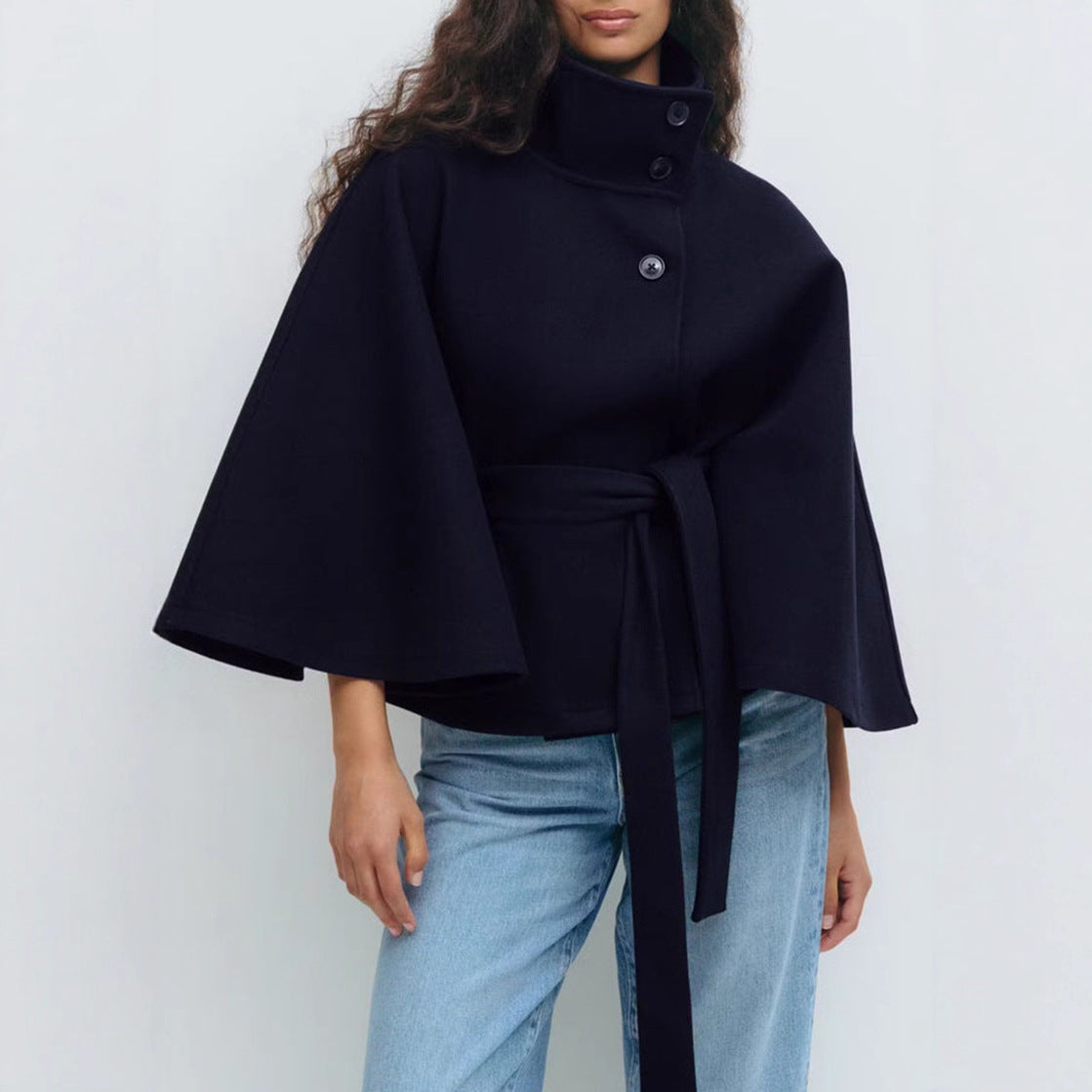 Women's Cape Jacket with High Collar and Tie Waist - 10 - Stylewhipped