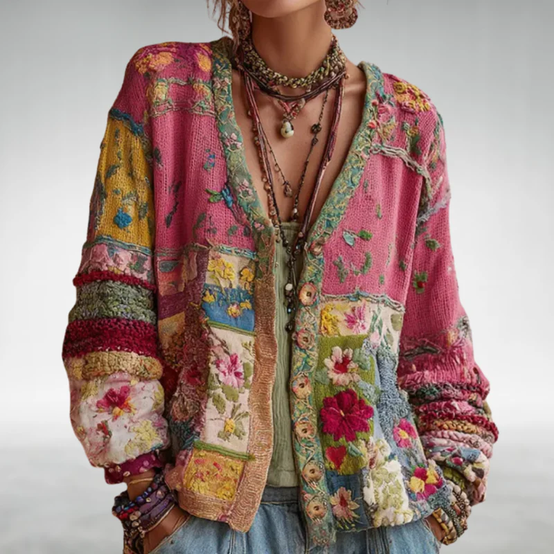 Ladies' Cardigan - Relaxed Fit with Colourful Patchwork Design - 1 - Stylewhipped