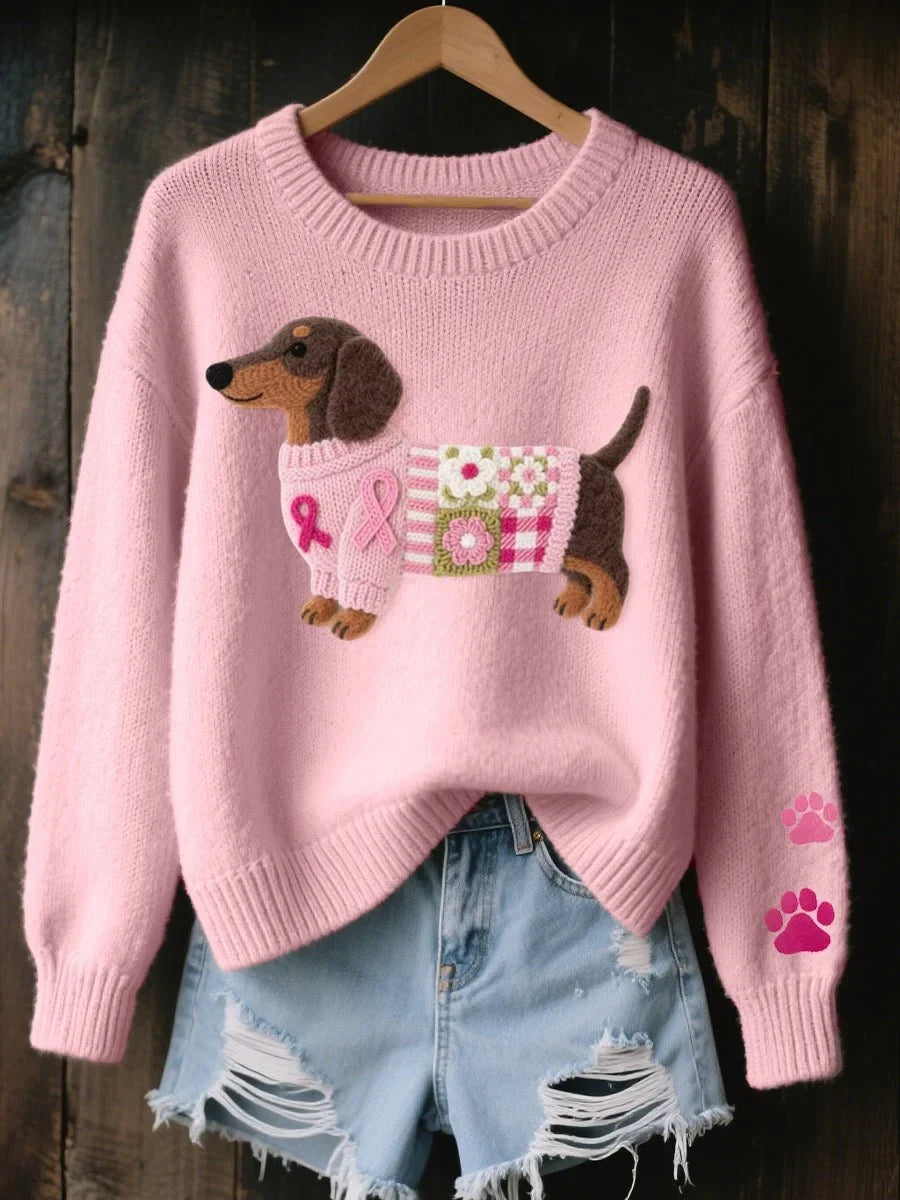 Women's Casual Pullover with Dachshund Motif and Round Neck - 1 - Stylewhipped