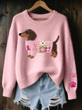 Women's Casual Pullover with Dachshund Motif and Round Neck - 1 - Stylewhipped