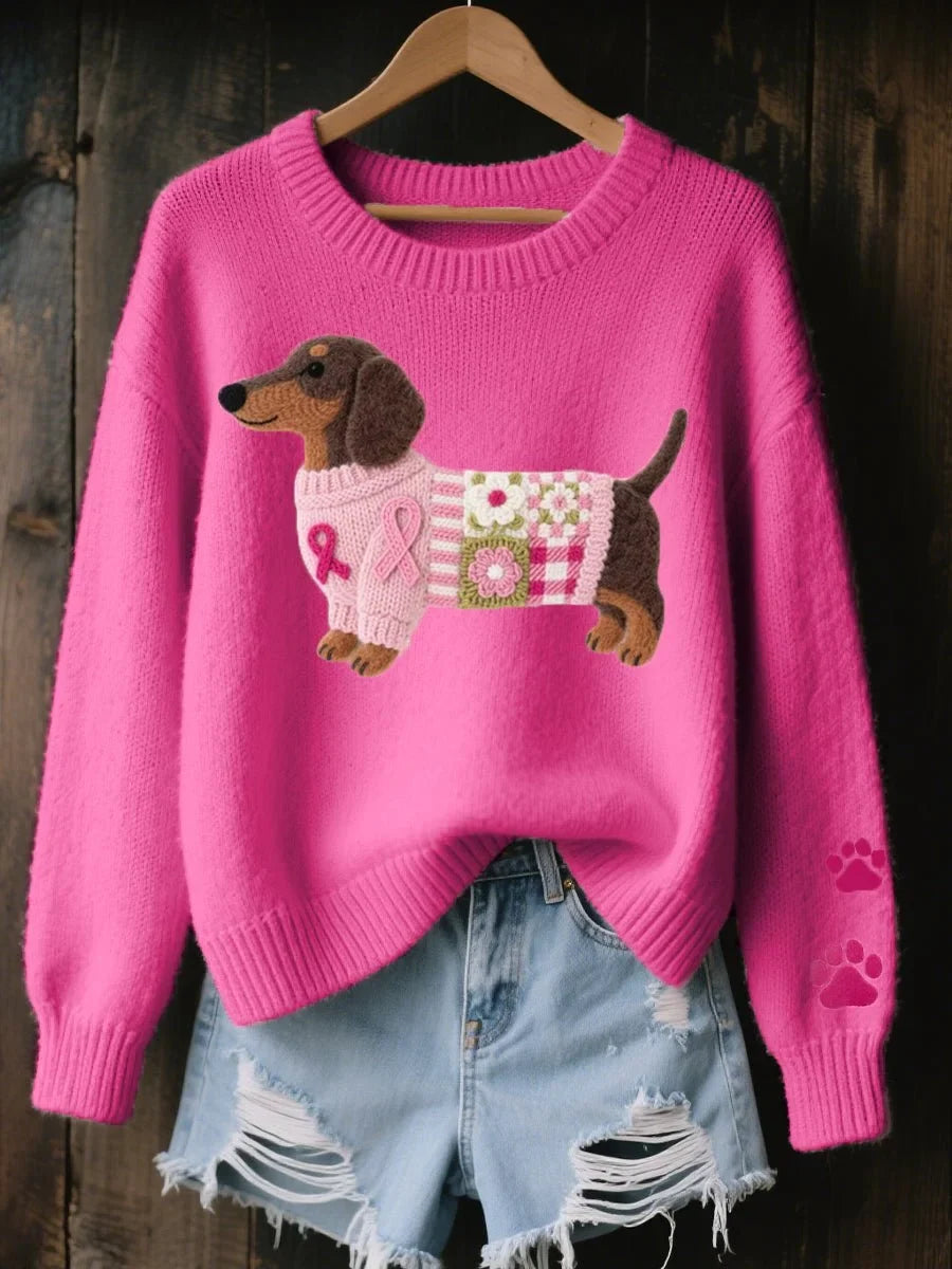 Women's Casual Pullover with Dachshund Motif and Round Neck - 2 - Stylewhipped