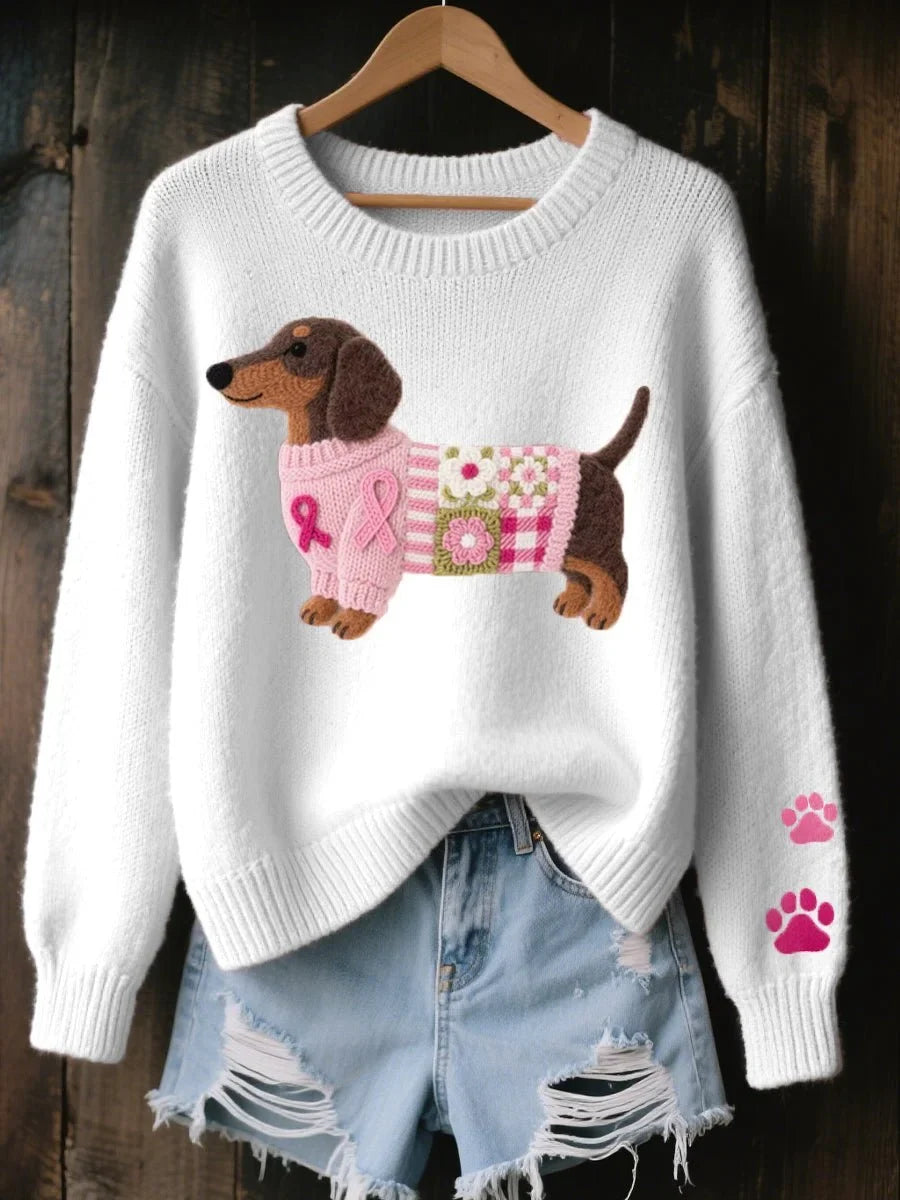 Women's Casual Pullover with Dachshund Motif and Round Neck - 3 - Stylewhipped