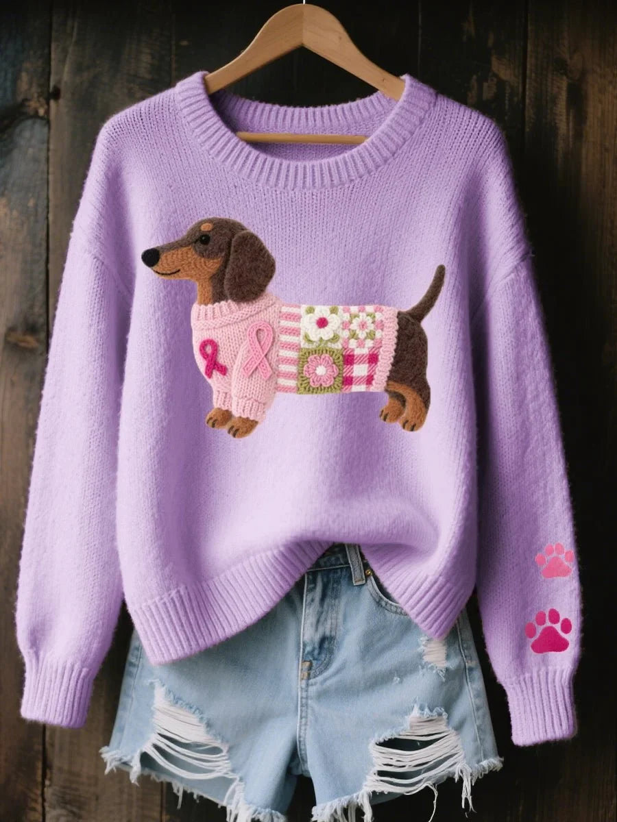 Women's Casual Pullover with Dachshund Motif and Round Neck - 4 - Stylewhipped