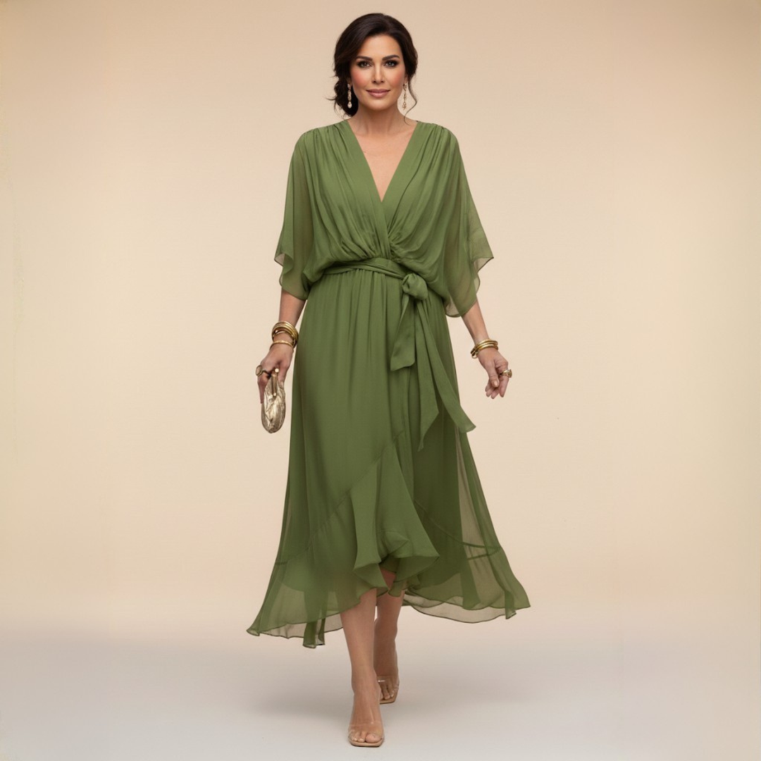 Wrap Dress Women's Midi with Flared Hem and V-Neck - 1 - Stylewhipped