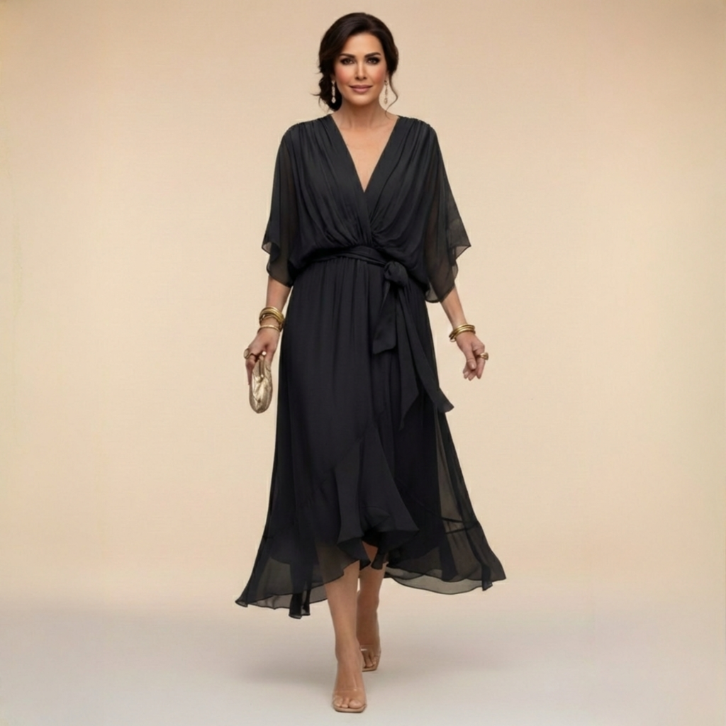 Wrap Dress Women's Midi with Flared Hem and V-Neck - 2 - Stylewhipped