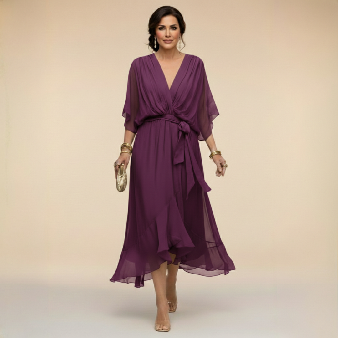 Wrap Dress Women's Midi with Flared Hem and V-Neck - 3 - Stylewhipped