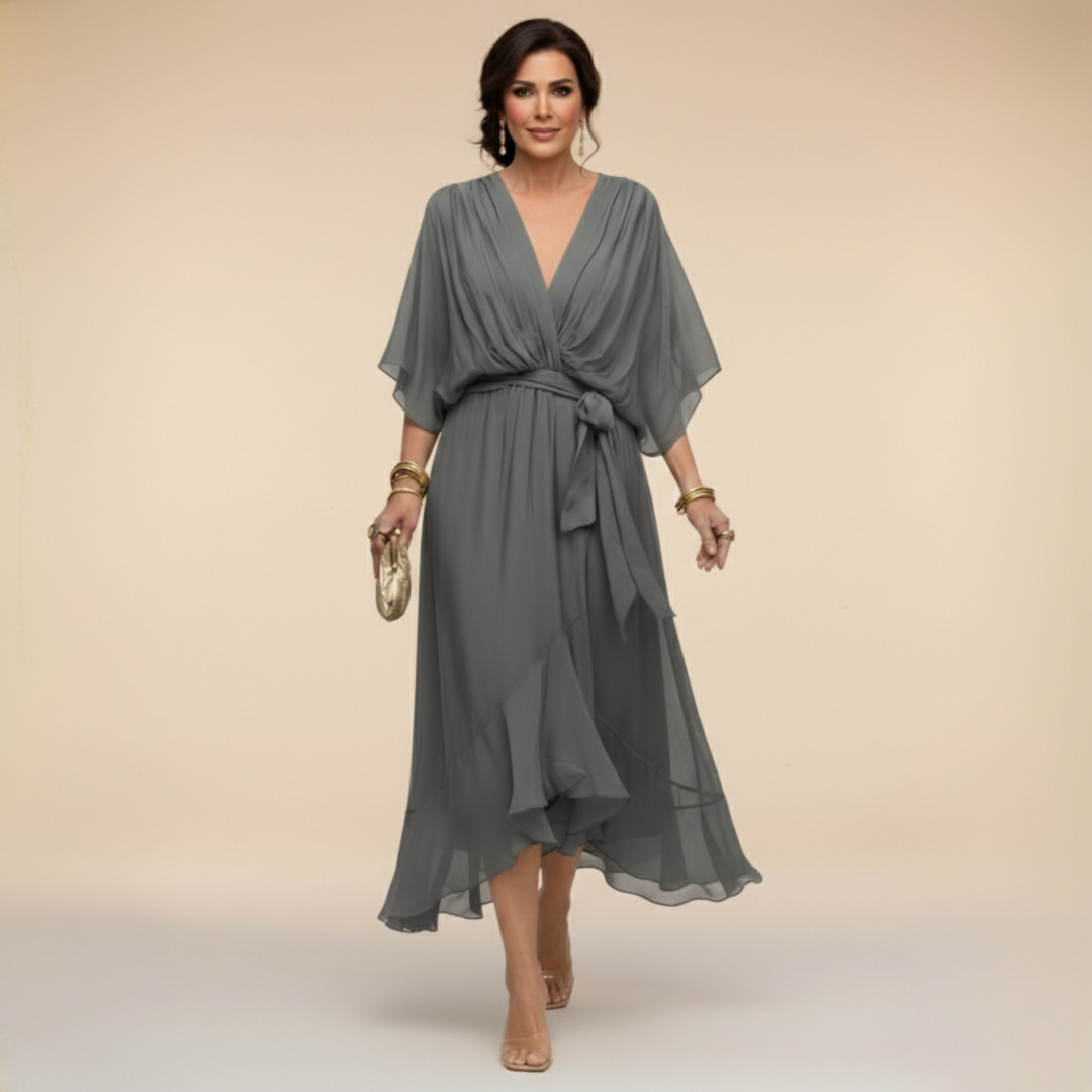 Wrap Dress Women's Midi with Flared Hem and V-Neck - 4 - Stylewhipped