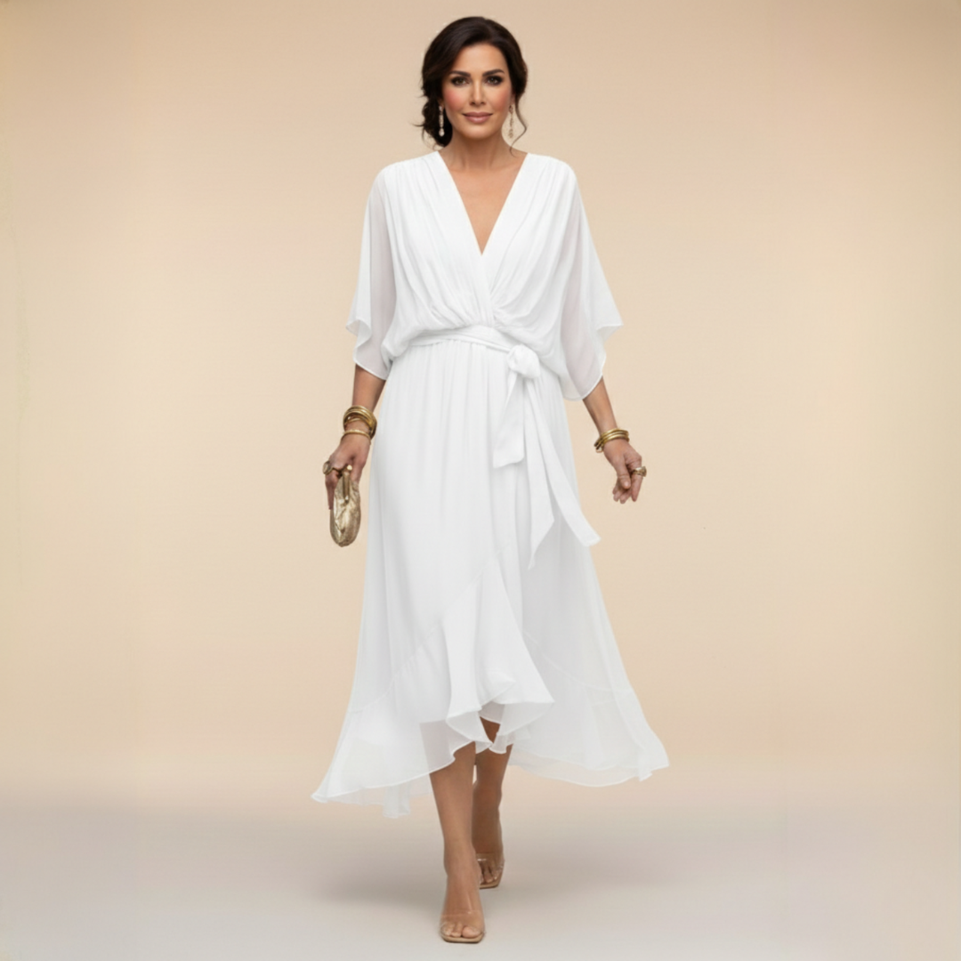 Wrap Dress Women's Midi with Flared Hem and V-Neck - 5 - Stylewhipped